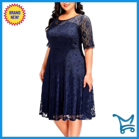 Lace Midi Dress Semi Formal Cocktail Party Wedding Guest Elegant Fit Flare - Picture 3 of 7